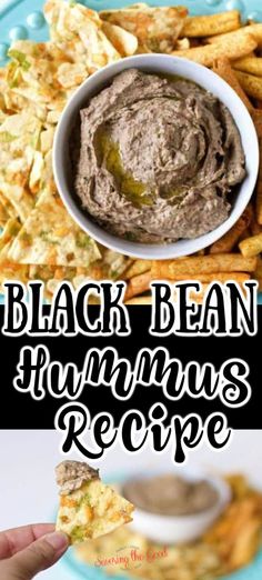 black bean hummus recipe on a blue plate with chips and dip in the middle