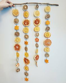 orange slices and star decorations hanging from a branch on a white wall in front of a person's hand