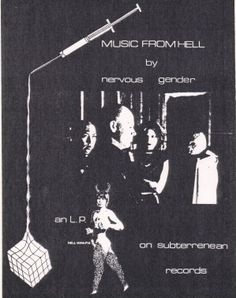 an advertisement for music from hell by nervous genderer on subteman records, with two men in the background