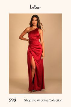 a woman in a long red dress with the words shop the wedding collection on it