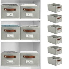 the shelves are organized with bins and labels to label their linen storage options for small spaces