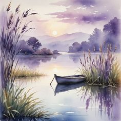 a watercolor painting of a boat on a lake with reeds in the foreground