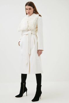 Italian Wool Cashmere Faux Fur Collar Coat | Karen Millen Faux Fur Collar Coat, Faux Shearling Coat, Fur Collar Coat, Women Coats, Collar Coat, Fashion Statements, Collared Coat, White Coat, Faux Fur Collar