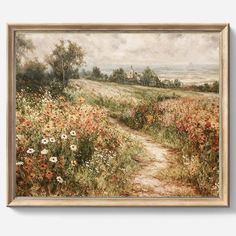 an oil painting on canvas of a path through a field with wildflowers and trees