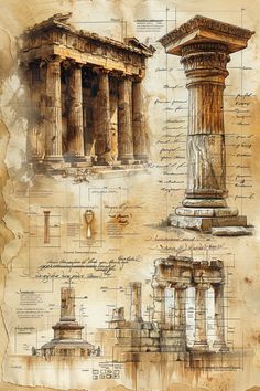 an old paper with some drawings and architectural details on the front, back and side