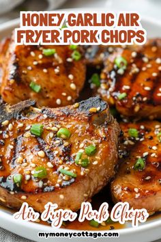 honey garlic air fryer pork chops on a white plate with text overlay