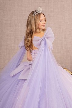 Quinceañera | Lilac Jewel Glitter Quince Dress Ballgown with Long Mesh Sleeve Straps, Ribbon Embellishments, Dress Quinceanera, Butterfly Applique, Flower Girl Accessories, Quince Dress, Ribbon Dress, Kids Party Dresses, Baptism Dress