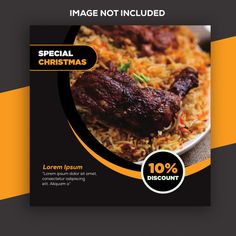 a flyer for a christmas dinner with meat and rice on the side, in black and yellow colors