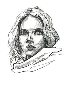 a black and white drawing of a woman's face with a scarf around her head