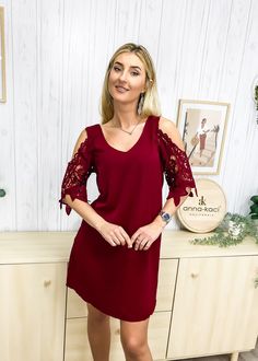 The EMES SHOP dress is detailed with a flirty shoulder cutout. Features solid color. v neck line. lace short sleeves. straight cut silhouette. and above knee length. Pair it with a choker necklace and heels for a classy look.MATERIAL:95% Polyester 5% SpandexMEASUREMENTS: Product Length 34.5"-35.5"in 4-6-Small | Waist: 25"-26.5"in | Chest: 33"-34.5"in | Hips: 33.5"-35"in 6-8-Medium | Waist: 26.5"-28"in | Chest: 34.5"-36"in | Hips: 35"-36.5"in 8-10-Large | Waist: 28"-29.5"in | Chest: 36"-37.5"in | Lace Sleeve Dress, Shop Dress, Lace Dress With Sleeves, Lace Short, How To Look Classy, Small Waist, Lace Sleeves, Above Knee, Straight Cut