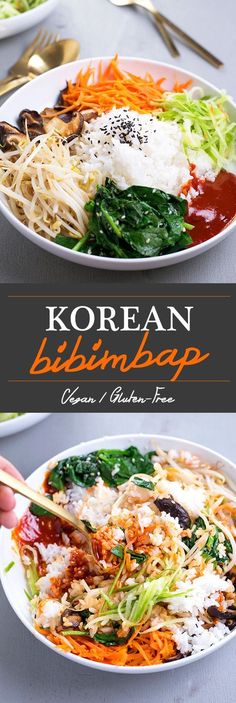 korean bibimba soup with noodles and vegetables in a white bowl