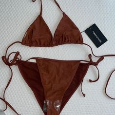 Brand New With Protective Liner And Tags Pretty Little Thing Bikini Top Usa Size 6 Bottom Usa Size 8 Brown Nylon Swimwear For Summer, Brown Nylon Swimwear For The Beach, Brown Party Swimwear For Beach Season, Brown Triangle Top Swimwear For Party, Pretty Little Thing, Womens Swim, Size 6, Brand New, Tags