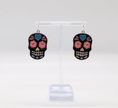 Black Skull-shaped Earrings With Skull Print, Black Skull Print Earrings As Gift, Black Gothic Earrings With Skull Print, Black Skull Earrings For Gift, Black Skull Earrings For Parties, Nickel Free Black Skull Earrings, Edgy Skull-shaped Pierced Earrings, Black Skull Print Jewelry, Edgy Skull Earrings For Parties