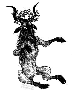 a black and white drawing of a goat with horns on it's back legs