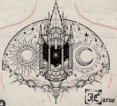 a drawing of a castle with the moon and stars above it