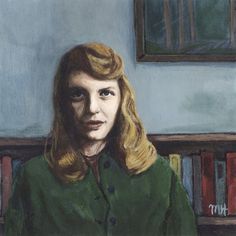 a painting of a woman sitting in front of a book shelf with books on it