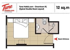 a floor plan for a hotel room with two beds and one bathroom in the corner