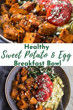 healthy sweet potato and egg breakfast bowl with spinach, tomatoes, feta cheese and parmesan