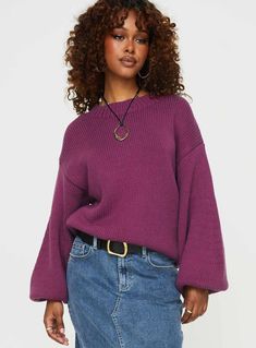 Harmony Knit Sweater Burgundy Purple Sweater Outfit, Balloon Sleeve Sweater, Friday Outfit, Purple Fits, Dream Closets, Purple Outfits, Sweater Oversized, Fall Clothes, Burgundy Sweater