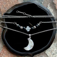 Genuine Herkimer Diamond ,Onyx & Iridescent Rainbow Druzy Quartz Moon Necklace. Double Layer .Stainless Steel Chains . First Layer 15.5 “, Second 18” + 2 Inch Extention To Adjust (If You Need Diff Size Lmk) Handmade By Me Moon Phase / Moon Child / Bohemian / Viking / Lunula / Celtic / Celt / Rock Chic / Boho / Bohochic / Gems / Shinny / Sparkly / Dainty / Semi Precious / Natural Healing Stones / Gift / Gemstones / Fairy / Witch / Elegant / Crystal Quartz / Goth / Gothic / Choker / Layered Fairy Witch, Gothic Choker, Gothic Chokers, Druzy Quartz, Rock Chic, Herkimer Diamond, Crystal Quartz, Moon Child, Moon Necklace