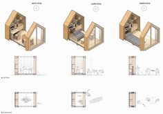 three diagrams showing the different parts of a small house, including one bedroom and two bathrooms