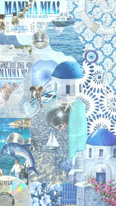 a collage of blue and white images with the words mamma mia on it