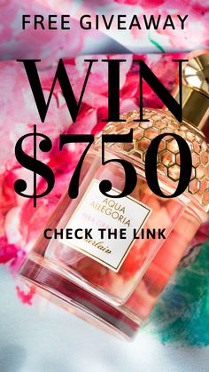 a bottle of perfume with the words win $ 750 check the link on it for free