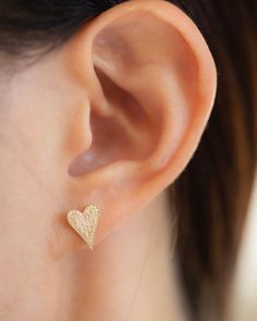 Small Pave Diamond Heart Earrings  Cute super sparkly diamond pave heart earrings. Treat yourself, or for that special someone. Heart measures about 11mm 14k Yellow and genuine diamonds. Diamond Carat Weight: .20ct Stone Count: 122 Round Diamonds This is made to order item so it can take anywhere from 1-3 weeks. Heart-shaped Diamond Earrings With Accents For Valentine's Day, Sparkling Heart Earrings For Wedding, Sparkling Heart Shaped Earrings For Wedding, Valentine's Day Heart-shaped Diamond Earrings With Accents, Diamond Open Heart Earrings For Valentine's Day, Heart-shaped Diamond Earrings For Valentine's Day, Valentine's Day Diamond Open Heart Earrings, Diamond Heart Charm Earrings, Diamond Heart Earrings With Heart Charm For Valentine's Day