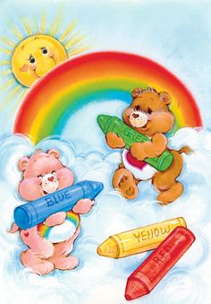 two teddy bears playing with crayons in the clouds and a rainbow behind them