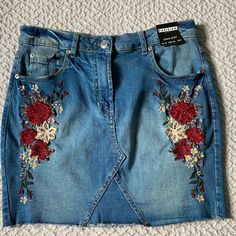 Nwt, Floral Embroidered, Denim Skirt Floral Embroidered Cotton Denim Skirt, Casual Denim Skirt With Floral Embroidery, Spring Embroidered Denim Skirt, Embroidered Denim Skirt For Spring, Spring Embroidered Medium Wash Denim Skirt, Embroidered Denim Skirt In Blue, Embroidered Blue Denim Skirt, Blue Embroidered Denim Skirt, Denim Skirt With Floral Embroidery