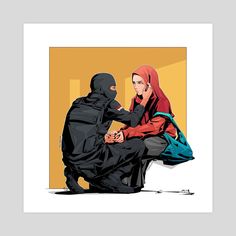 a woman sitting on the ground next to a man in a black suit and red head scarf