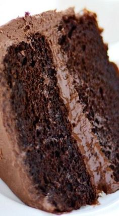 a piece of chocolate cake sitting on top of a white plate