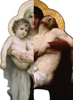 an image of the virgin and child being held up to each other by two hands