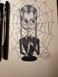 a drawing of a woman in a spider web