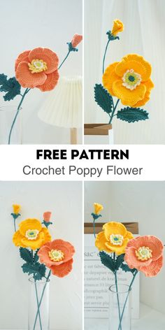 crochet poppy flower pattern in four different stages to make it into a vase