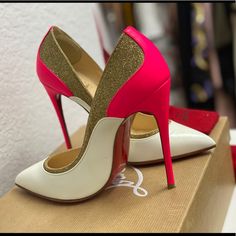 Original Price $845 Only Worn Once Used But Like New, Great Condition Red Sole Savers Made, Come With Box, Extra Hella Caps And Dust Bag White, Matt Hot Pink And Gold Glitter Mix Luxury Glitter Heels With Round Toe, Elegant Pink Heels With Glitter Accents, White Round Toe Heels For Galas, Couture Heels, Hot Pink And Gold, Shoe Types, Feminine Shoes, Very High Heels, Fashion Shoes Heels