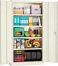 an open storage cabinet filled with assorted items