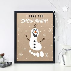 a card that says i love you snow much with a cartoon character on the front