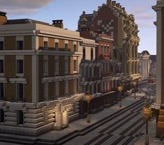 an animated city scene with train tracks and buildings