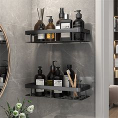 two shelves with soaps, lotions and other items on them in front of a mirror