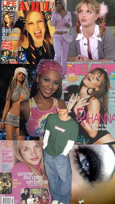 collage of magazine covers with photos of young women and men in the background, including an image of a woman's face