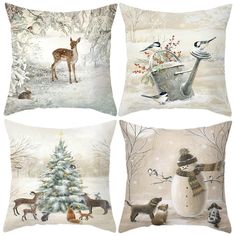 four decorative pillows with winter scenes and animals in the snow, one has a watering can