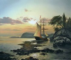 an oil painting of a sailboat on the water at sunset with rocks and trees