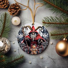 a christmas ornament with an image of the wizard and his friends on it