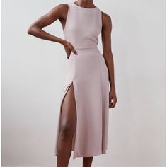 Stunning And Classy Dress! Perfect For Grabbing Cocktails Or Standing Out At A Wedding! Modest Yet Sexy With Exposed Back And Thigh Split! Loved It But It’s A Tad Small On Me. 90s Vibe All The Way. Pink Backless Dress With Side Slits, Chic Stretch Midi Dress With Split Design, Stretch Midi Length Dresses With Split Design, Stretch Midi Dresses With Split Design, Elegant Stretch Midi Dress With Split Design, Split Hem Dress For Date Night, Fitted Sleeveless Dress With Side Slits For Night Out, Date Night Dress With Split Design And Hem, Elegant Sleeveless Stretch Midi Dress