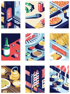 six different illustrations of food and drinks