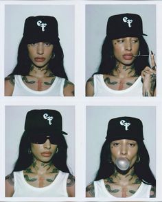 four pictures of a woman with tattoos and piercings on her face, wearing a baseball cap