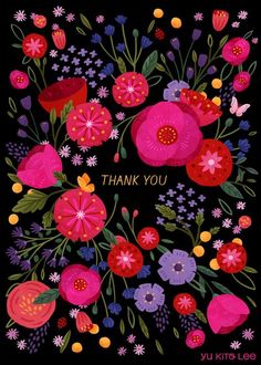 a thank card with flowers and butterflies in the center, on a black background that says thank you