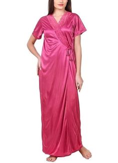 Soft and Cozy Nightdress Fabric : Satin COLOR: PINK Gift yourself a relaxing sleep by slipping into this super-soft nightdress. Whether you wear it to bed or lounge around in it at home, this nightwear will provide you maximized comfort.    Size : IN INCHE                                BUST        WAIST       HIPS S                            32             25              34 M                           34             27              36 L                            36             29              28 XL                         38             31               40 XXL                      40             33              42 XXXL                   42              35              44 Length: Maxi | Pattern: Solid | Sleeve: Half Sleeve | Neck Style: Sweetheart Neck Fit Type: Regular (Relaxed) Fit Ve Pink V-neck Nightgown For Home, Pink V-neck Nightgown For Loungewear, Pink V-neck Nightgown For Sleep, Pink V-neck Nightgown, Beautiful Nightgown, Relaxing Sleep, Pajama Robe, Satin Color, Night Wear