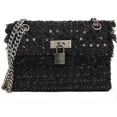 Sequined Tweed And A Signature Padlock Bring Ultimate Style To This Shoulder Bag Designed With A Chain Strap, Comes With Dust Bag 5.11" H X 7.5" W X 2.8" D 22" Strap Drop Dual Chain Shoulder Straps Flap Closure Logo Lining Polyester Imported Never Been Used Luxury Black Sequined Bags, Luxury Silver Sequin Bag, Convertible Crossbody Bag, Black Leather Purse, Kurt Geiger, Mini Tote, Bags Mini, Chain Strap, Leather Purses